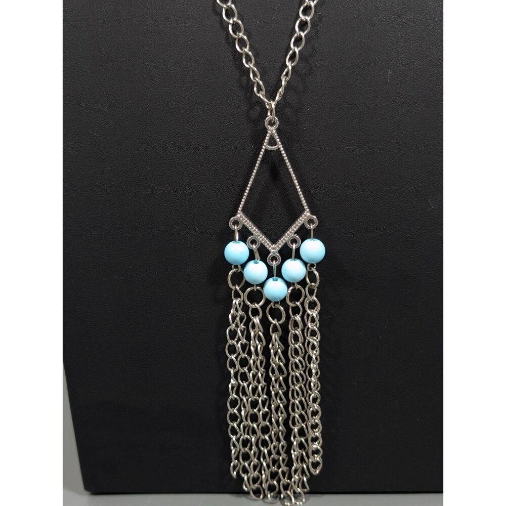 Retro Blue Bead Chain Fringe Tassel Waterfall Pendant Long Chain Necklace 26 in